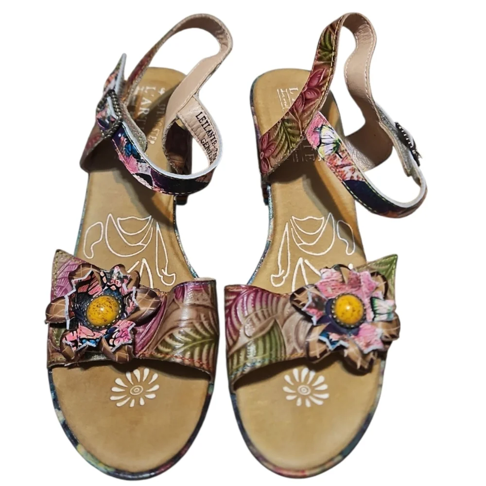 L'ARTISTE Spring Step Leilanie Slingback Leather Floral Sandals - Picture 3 of 12